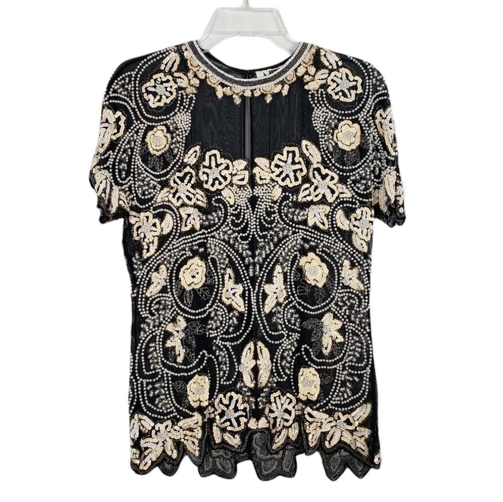 VINTAGE Niteline beaded evening top blouse sequin faux pearl holiday